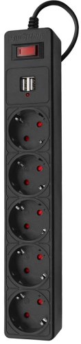 Сетевой фильтр с заземлением Smartbuy 5-м+2USB тип A+A 1,8м 10А 2200В черный картинка 